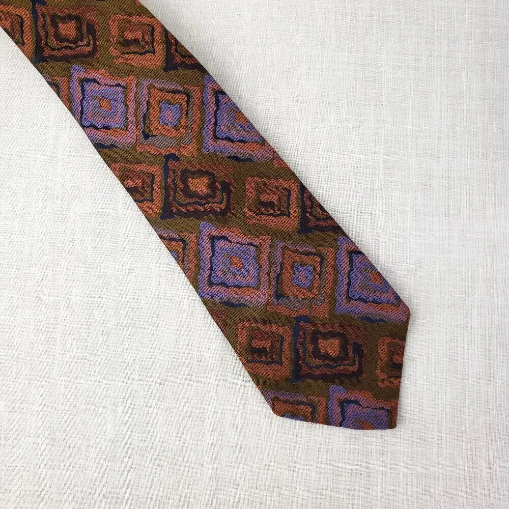 Oleg Cassini Wide Tie Vintage Brown Purple Orange Squares Woven Wide 70s